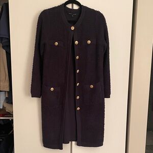 Boston Proper Navy Bouclé Long Coatigan with Gold Buttons